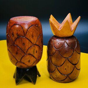 Vintage Wooden Pineapple Fruit Candleholder PAIR Tropical Tiki Bar Room Decor
